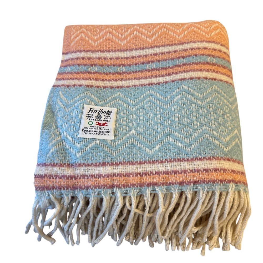 Vintage Faribo Wool Blanket Blue Orange Zigzag Stripe Fringe 48x51 As-Is - Picture 3 of 7